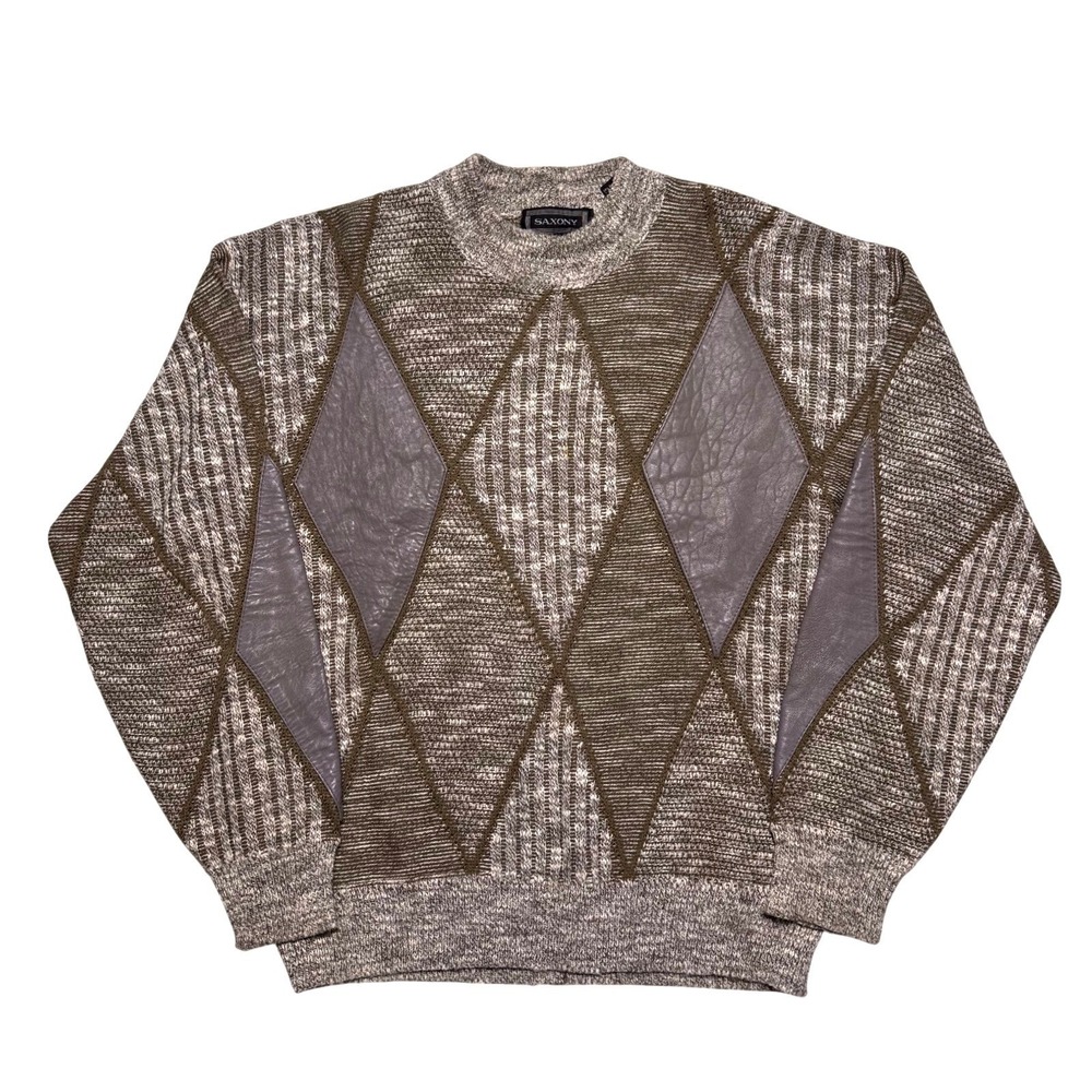 Vintage Saxony Leather Patchwork Sweater Mens Medium Chunky Knit Geometric